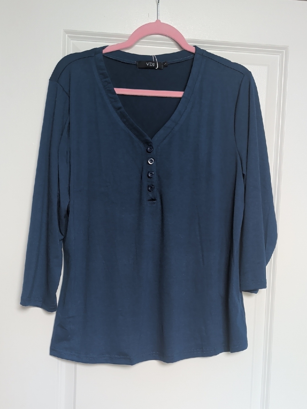 Navy V-Neck Henley Long Sleeve Top